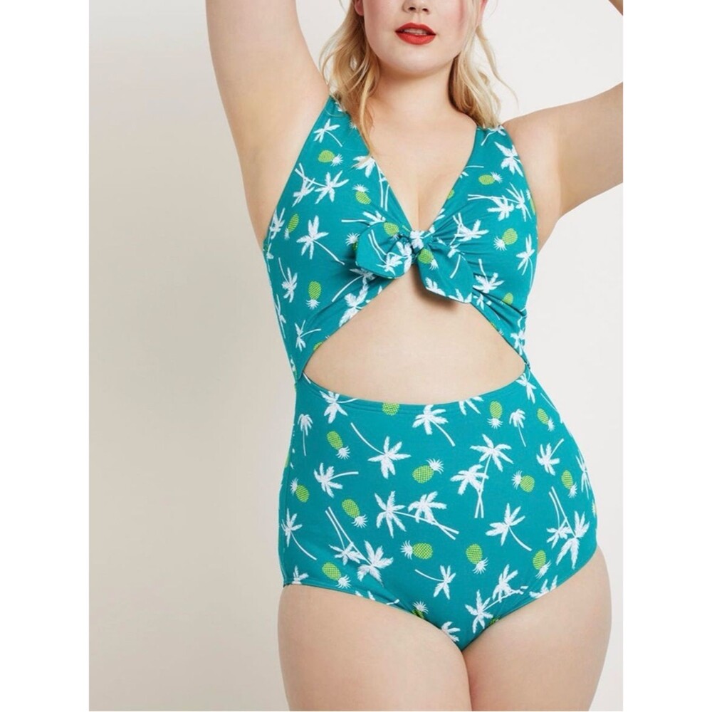 Eloquii Teal Pineapple Palm One-Piece Cut Out Swimsuit with Front Tie Size 20W
